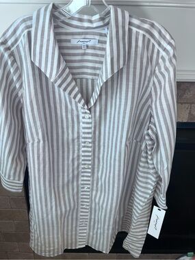 Foxcroft Plus Size 16W Button Front Shirt NWT Linen Striped Neutral Blouse Top